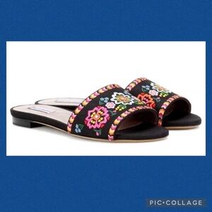 Tabitha Simmons Sprinkle Fest Embroidered Linen Slide Sandals